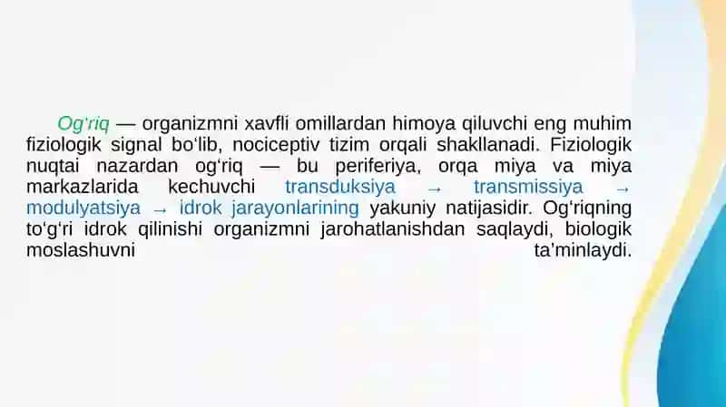 Og‘riq sezuvchanligining neyrofiziologik asoslari: og‘riqsizlantirish uchun molekulyar nishonlar. 2