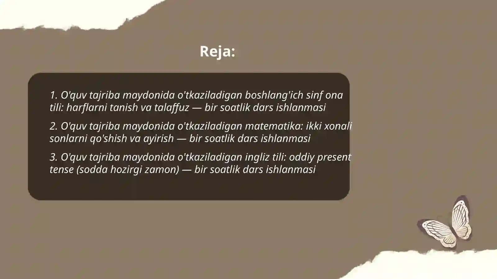 O'quv tajriba maydonida o'tkaziladigan biror mavzuga bir soatlik dars ishlanma yozish 2