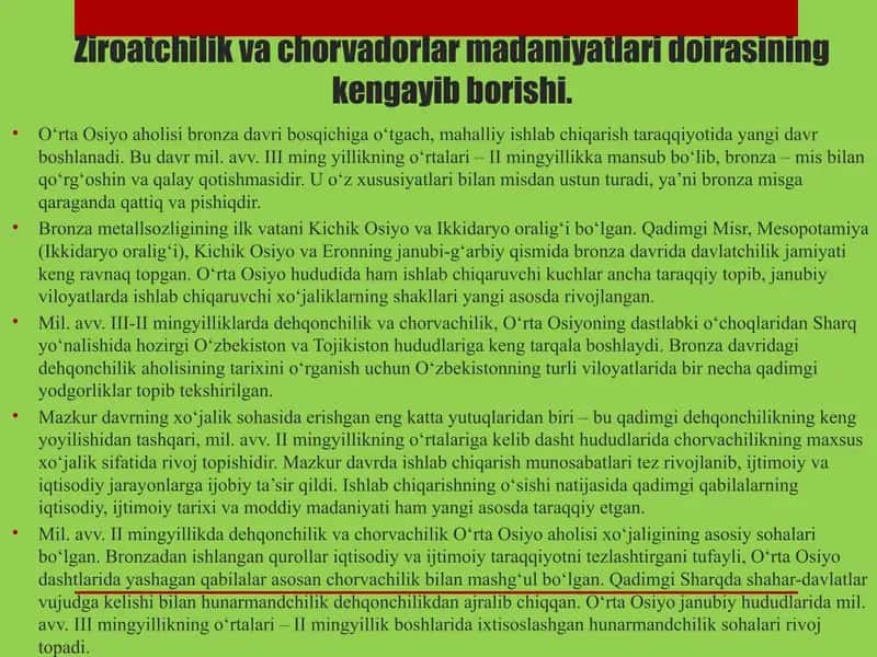 Ziroatchilik va chorvadorlar madaniyatlari doirasining kengayib borishi Bronza davri manzilgohlari 2