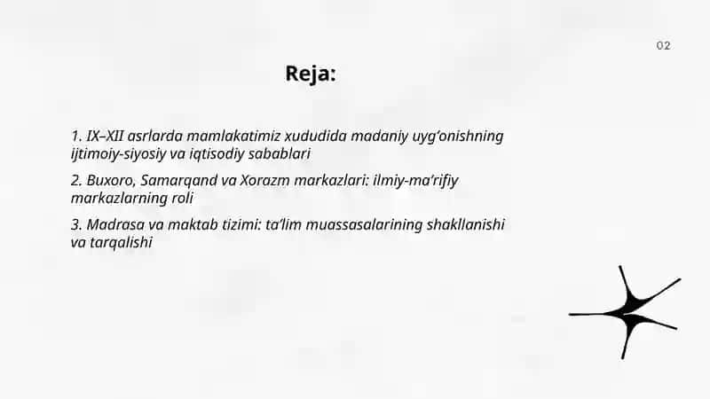 IX-XII asrda Mamlakatimiz xududida ro'y bergan madaniy uyg'onish..Buyuk allomalarimizning jahon sivilizatsiyasiga qo'shgan hissasi 2