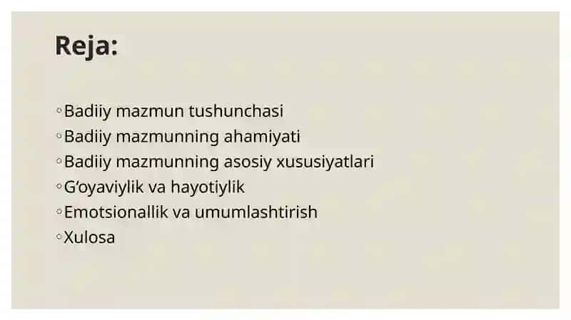 "Badiiy mazmunning xususiyatlari" taqdimot (slayd) 2