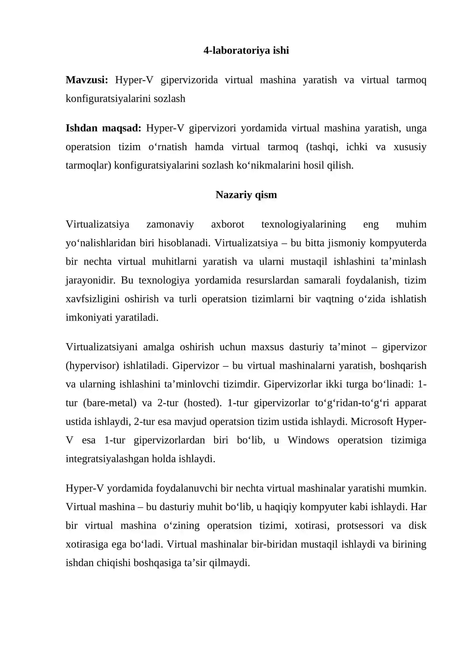 Hyper-V gipervizorida virtual mashina yaratish va virtual tarmoq konfiguratsiyalarini sozlash 2