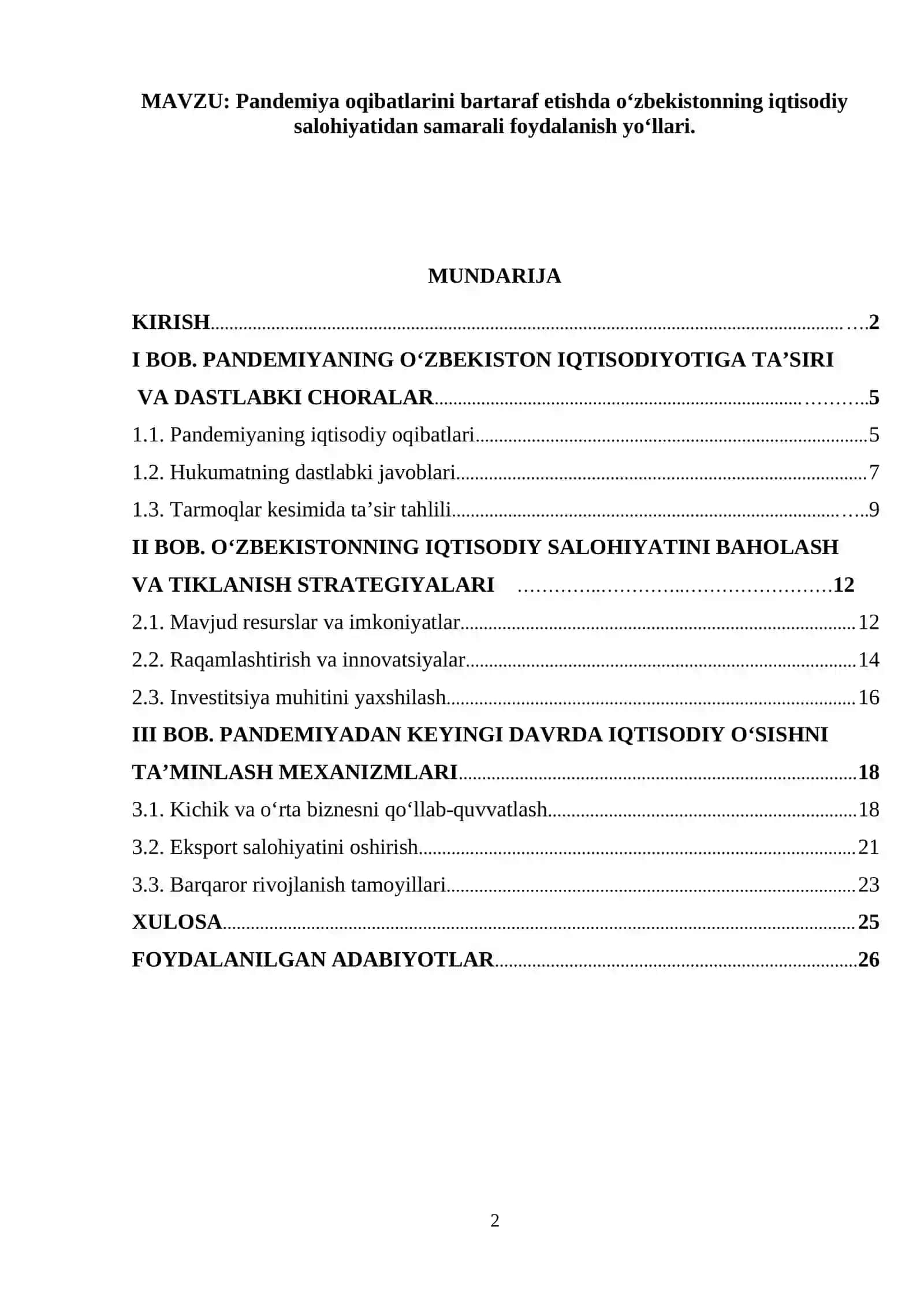 Pandemiya oqibatlarini bartaraf etishda o‘zbekistonning iqtisodiy salohiyatidan samarali foydalanish yo‘llari 2