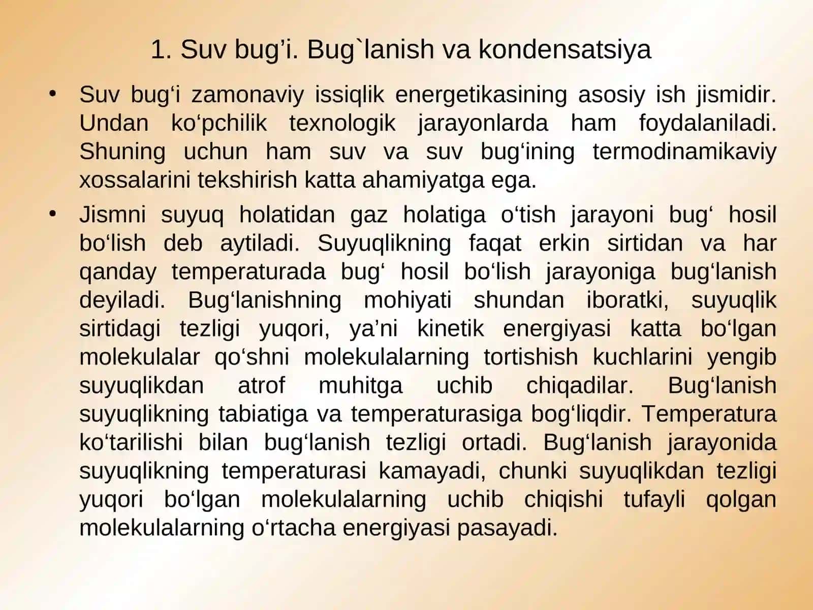 Suv bug’i. Bug`lanish va kondensatsiya. To`yingan bug`. Quriganlik darajasi. Sublimatsiya. Nam, to’yingan, quruq va o’ta qizigan bug’. T-S, h-S diagrammalar 2