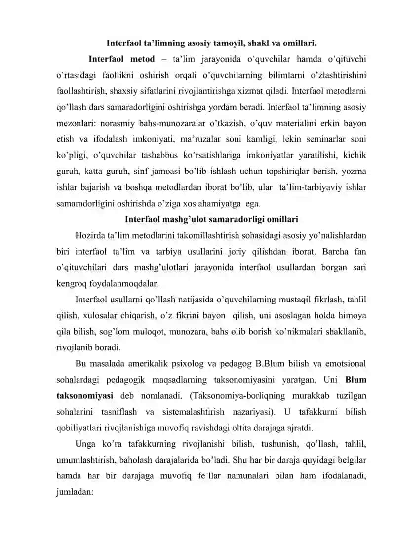 Interfaol metodlar va ularni ta’lim tarbiya jarayonida qo’llash. 2