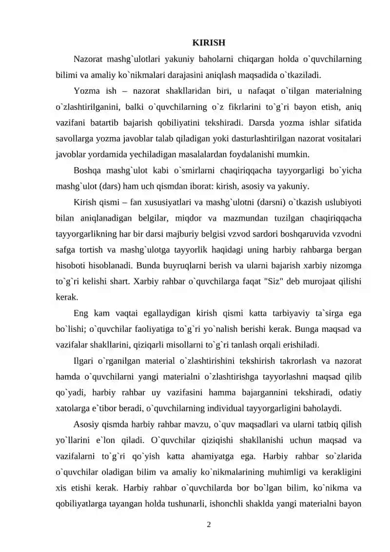 HARBIY ISH ASOSLARI BOʻYICHA MASHGʻULOTLARNI TASHKILLASH VA OʻTKAZISH USLUBIYOTI 2