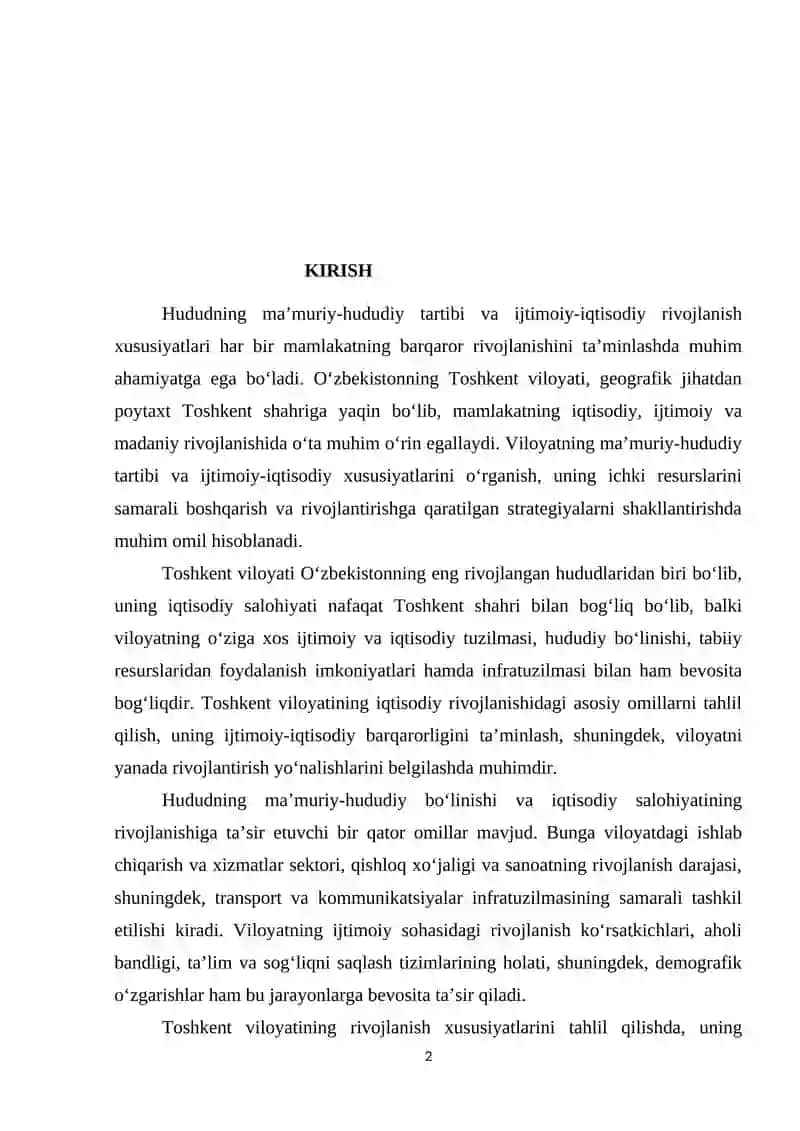 Toshkent Viloyatining Ma’muriy va Hududiy Tarkibi va Ijtimoiy-Iqtisodiy Rivojlanish Xususiyatları 2