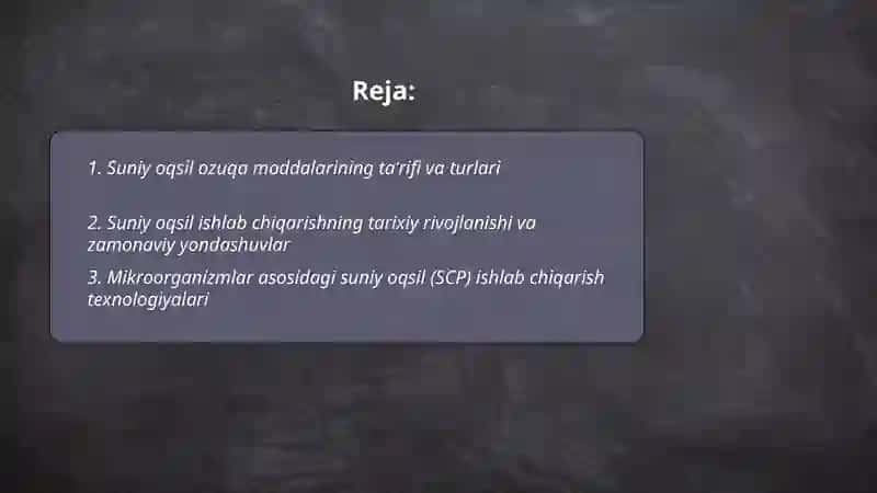 Suniy oqsil ozuqa moddalarining ishlab chiqarilishi va kelgusidagi imkoniyatlar 2