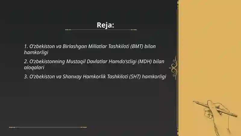 Oʻzbekistonning xalqaro tashkilotlar bilan hamkorlik aloqasi 2