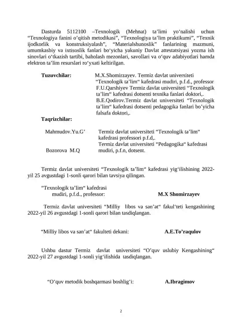 Texnologik (Mehnat) ta’limi Dasturi 2