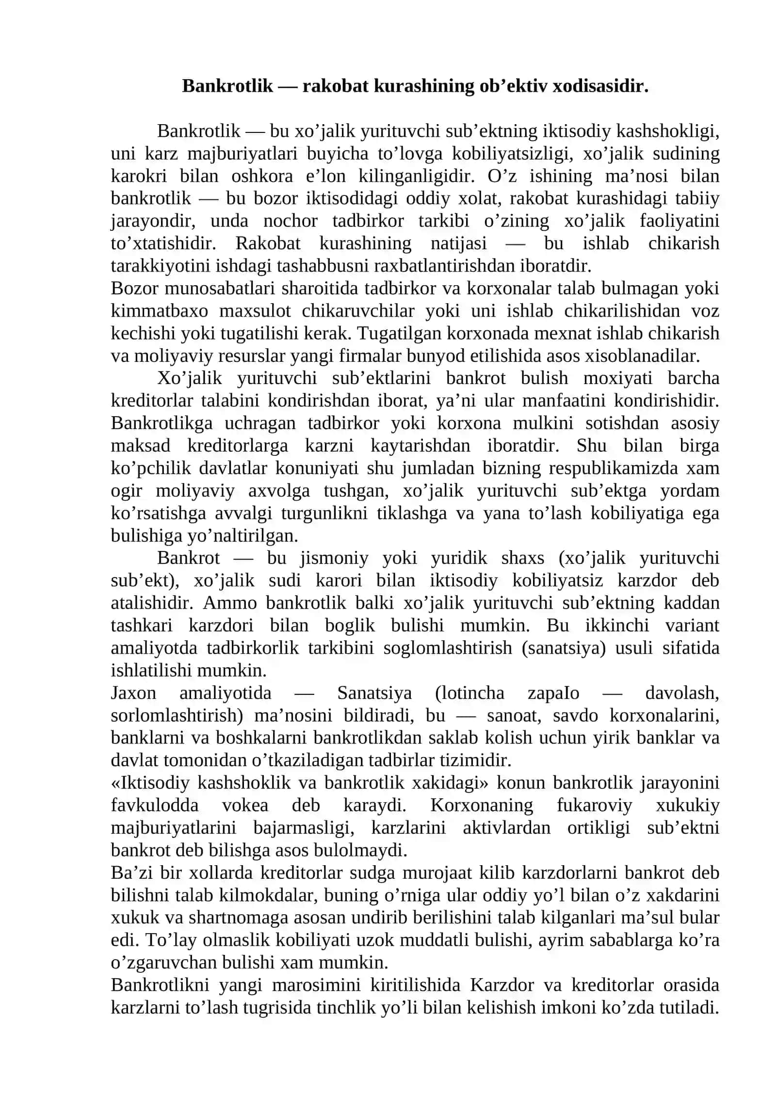 Kichik biznes korxonalarining bankrotligi va ularni davlat tomonidan moliyaviy qo'llab-quvvatlash 2
