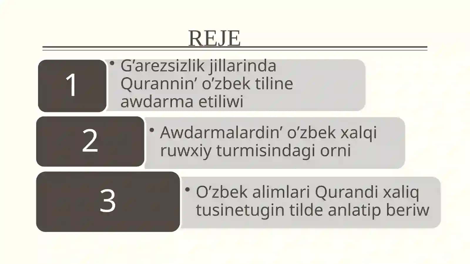 G`aresizlik jillarinda Qurannin` o`zbek tiline awdarma etiliwi ha`m tu`sindiriwleri 2