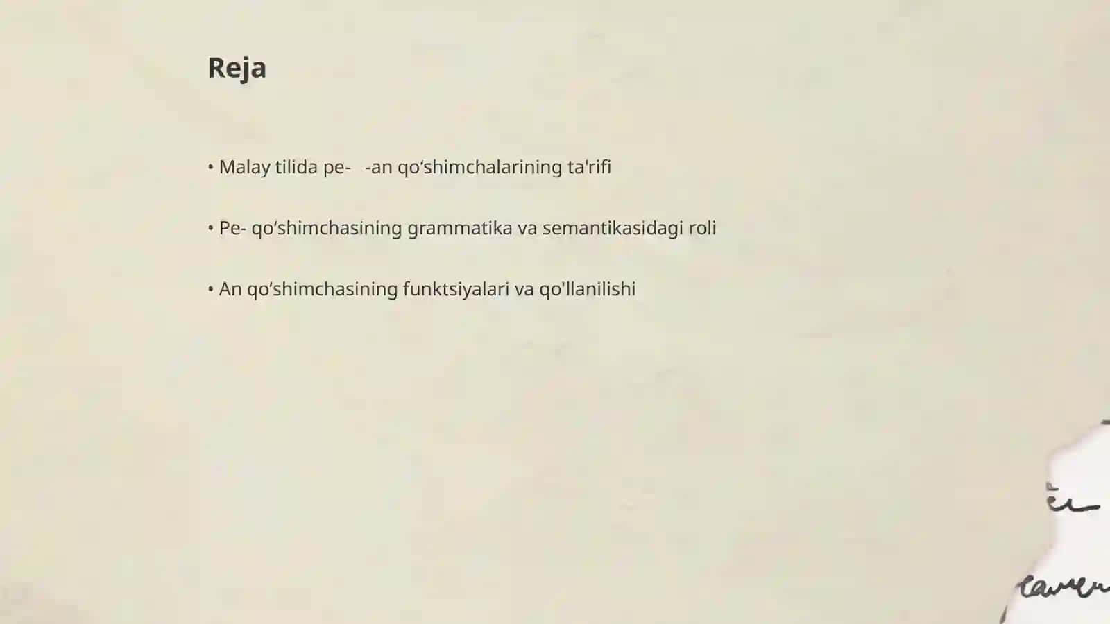 Malay tilida pe- -an qoʻshimchalari 2