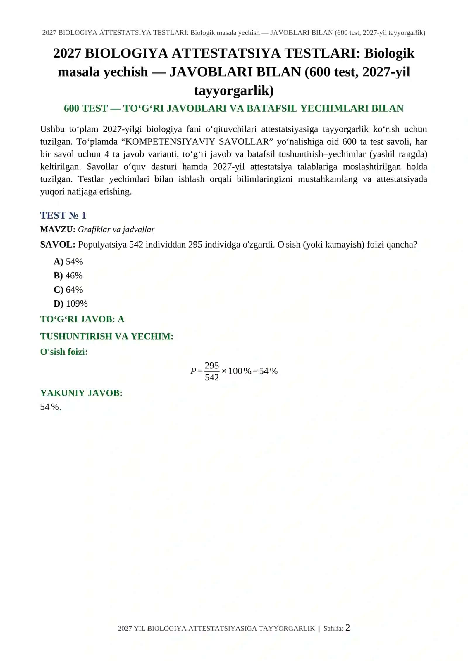 2027 BIOLOGIYA ATTESTATSIYA TESTLARI: Biologik masala yechish — JAVOBLARI BILAN (600 test, 2027-yil tayyorgarlik) 2