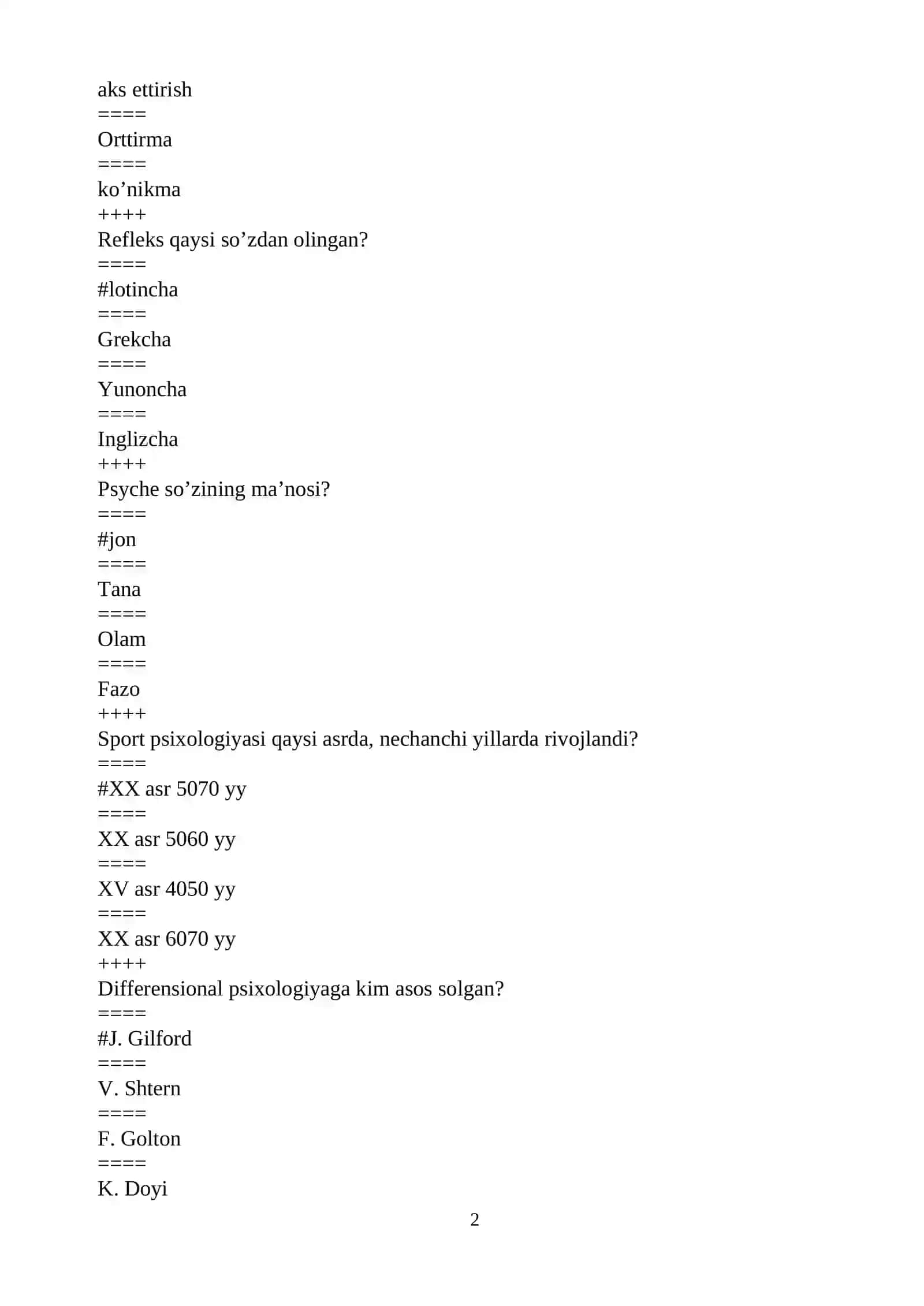 UMUMIY PSIXOLOGIYA FANIDAN TESTLARI 2