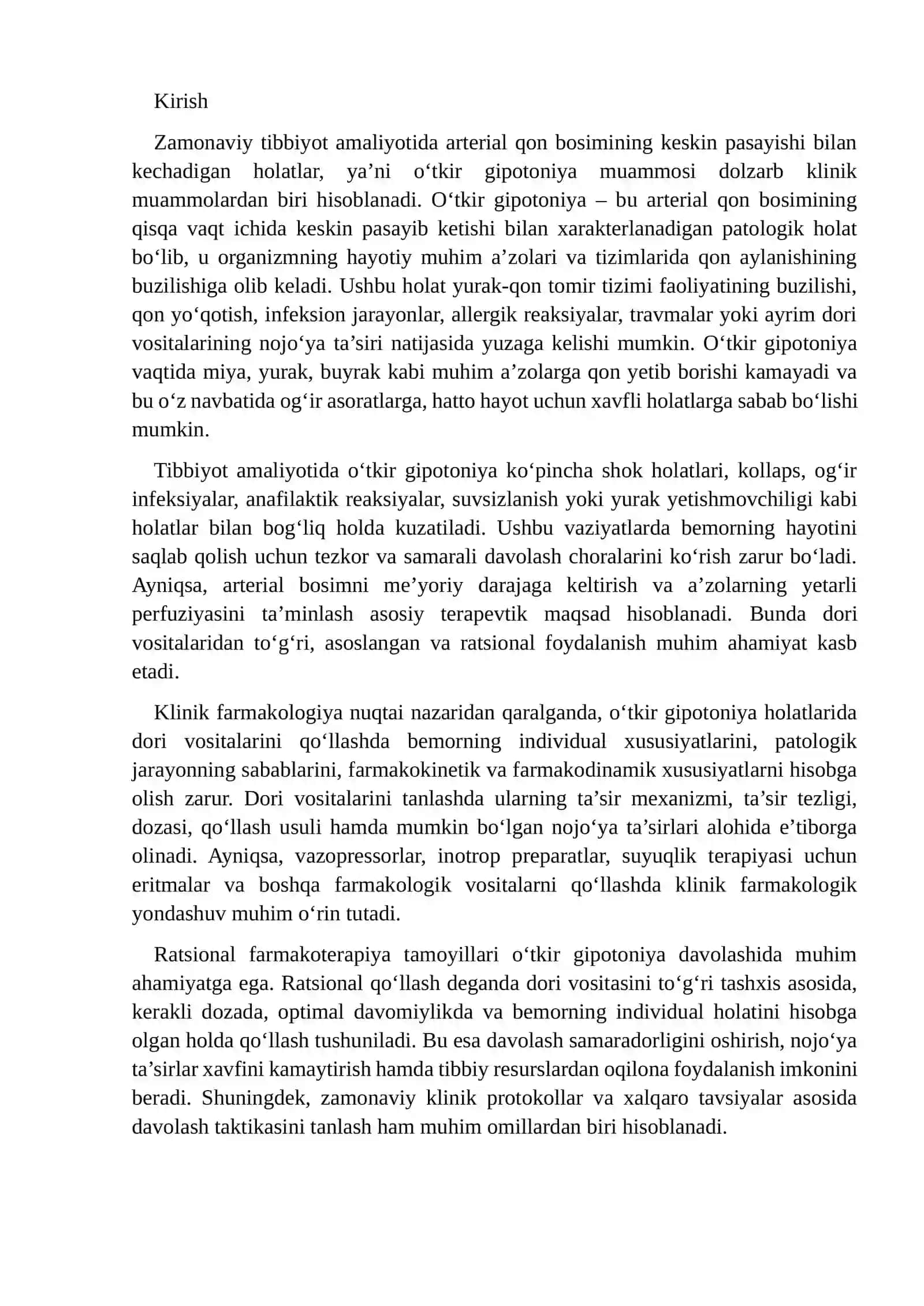 O‘tkir gipotoniya holatlarida dori vositalarini ratsional qo‘llashda klinik farmakologik yondashuv 2