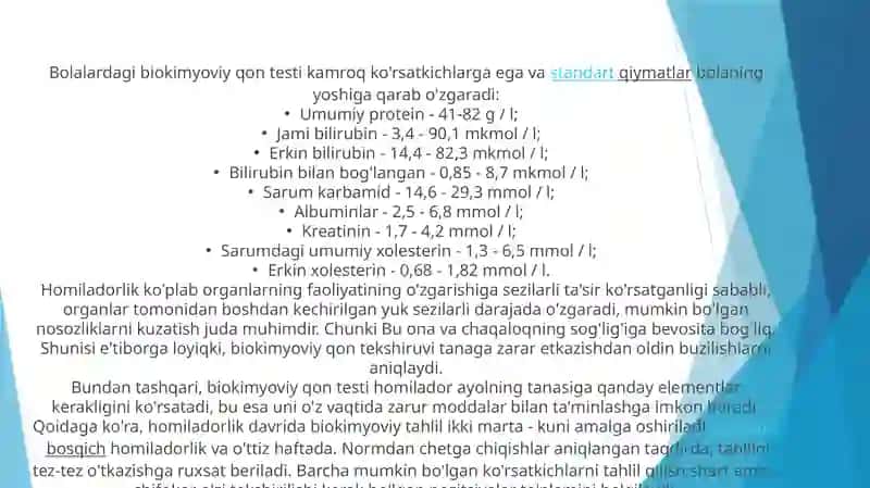 Biokimyoviy qontekshiruvi qanday ko'rsatkichlarni o'z ichiga oladi 2
