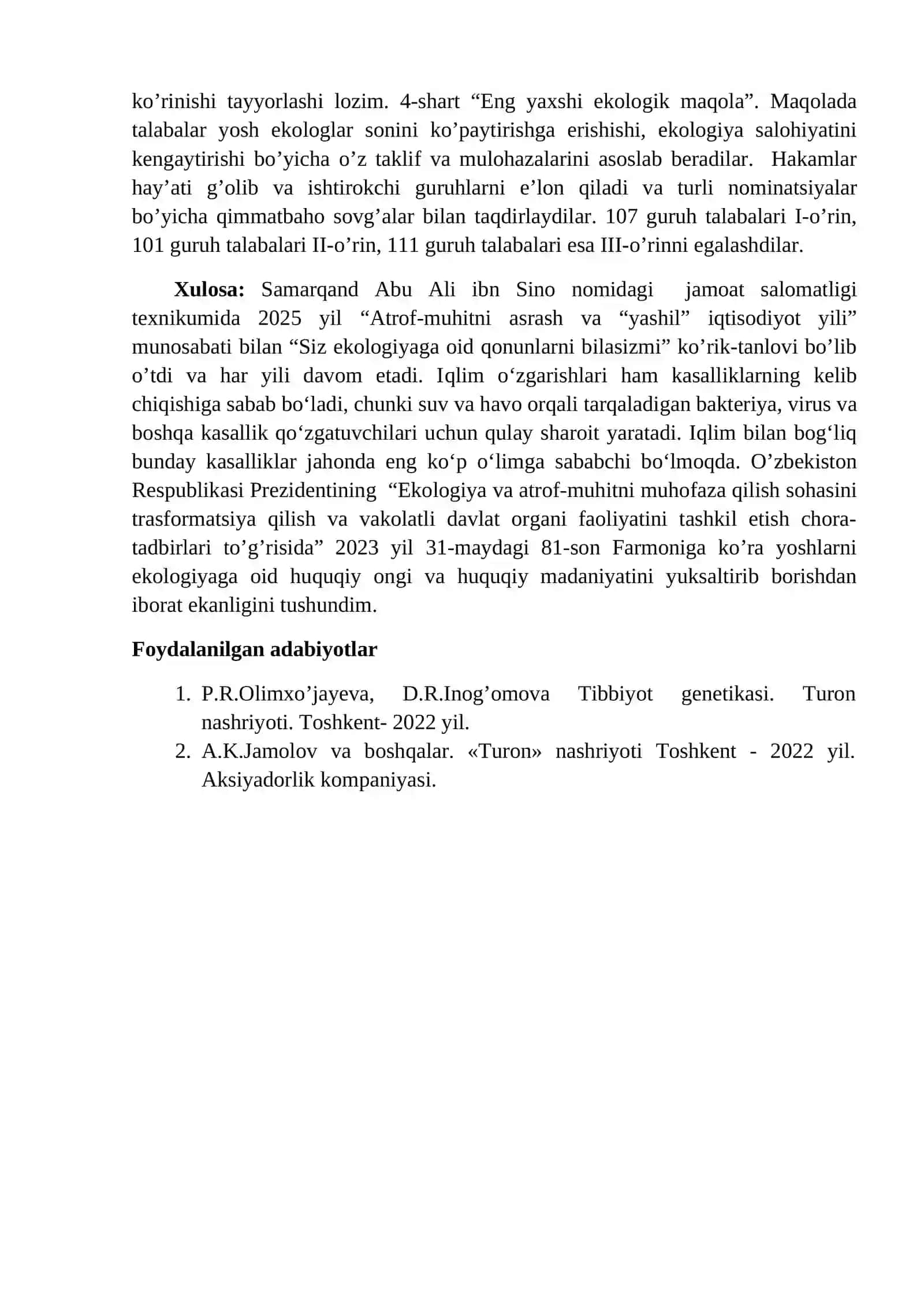 Atrof-muhitni asrash va yashil iqtisodiyot yili bizning hududda 2