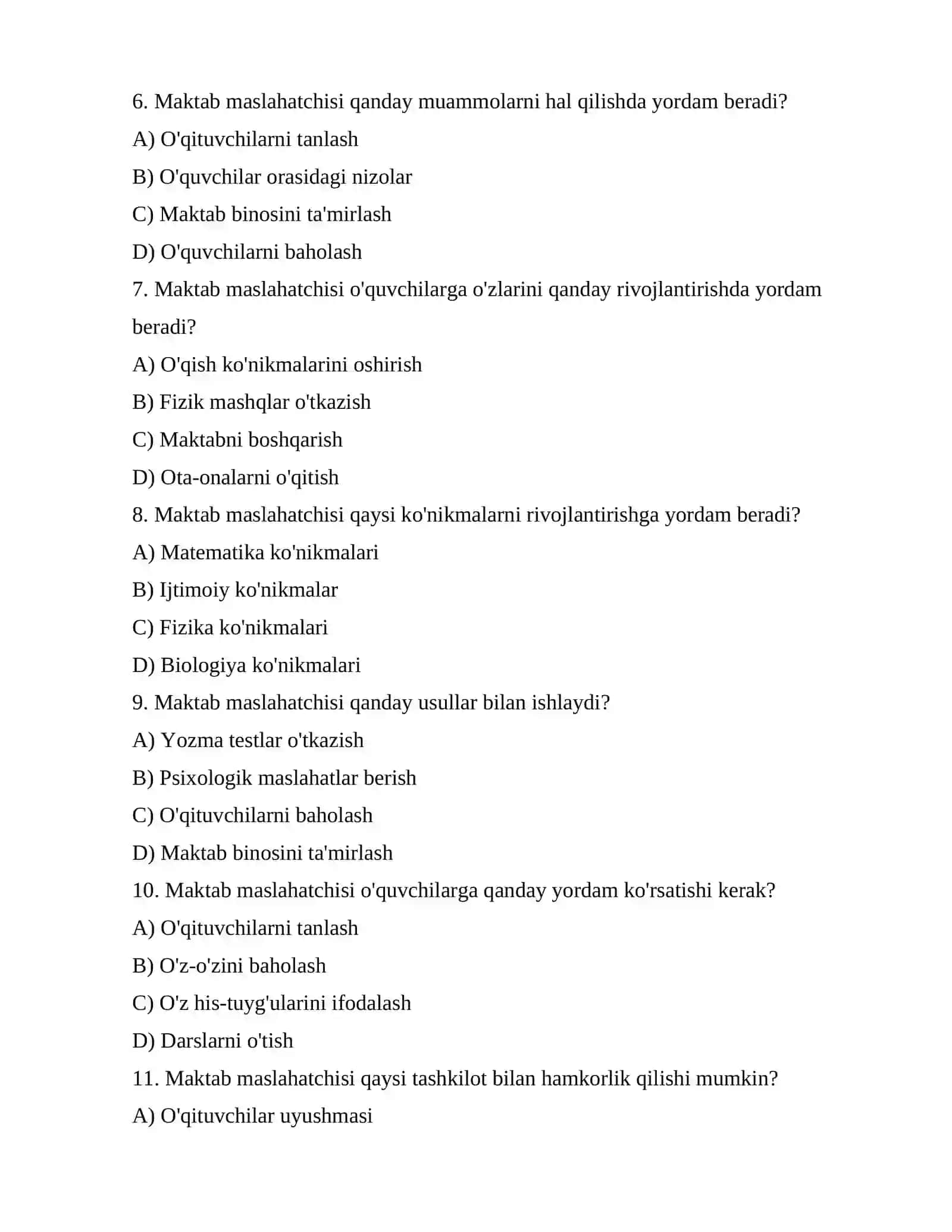 Maktab maslahatchisi lavozimi uchun testlar 2
