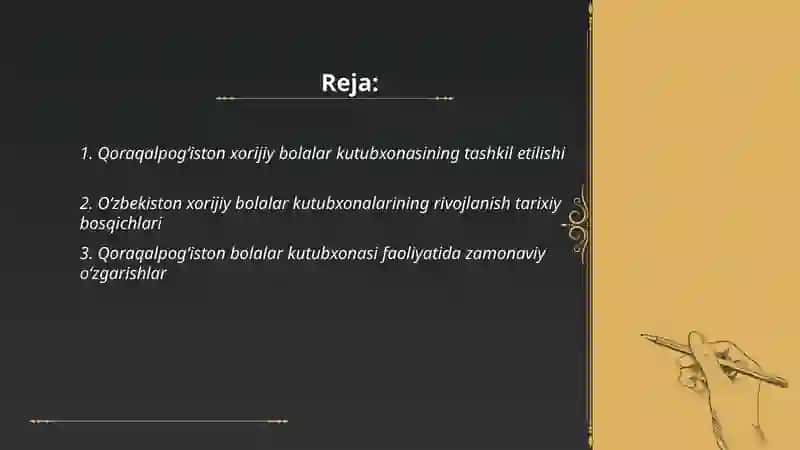 Qoraqalpog‘iston va o‘zbekiston xorijiy bolalar kutubxonasining tarixi va rivojlanish tendensiyalari hamda milliy kutubxonalarimizdagi o‘rni 2
