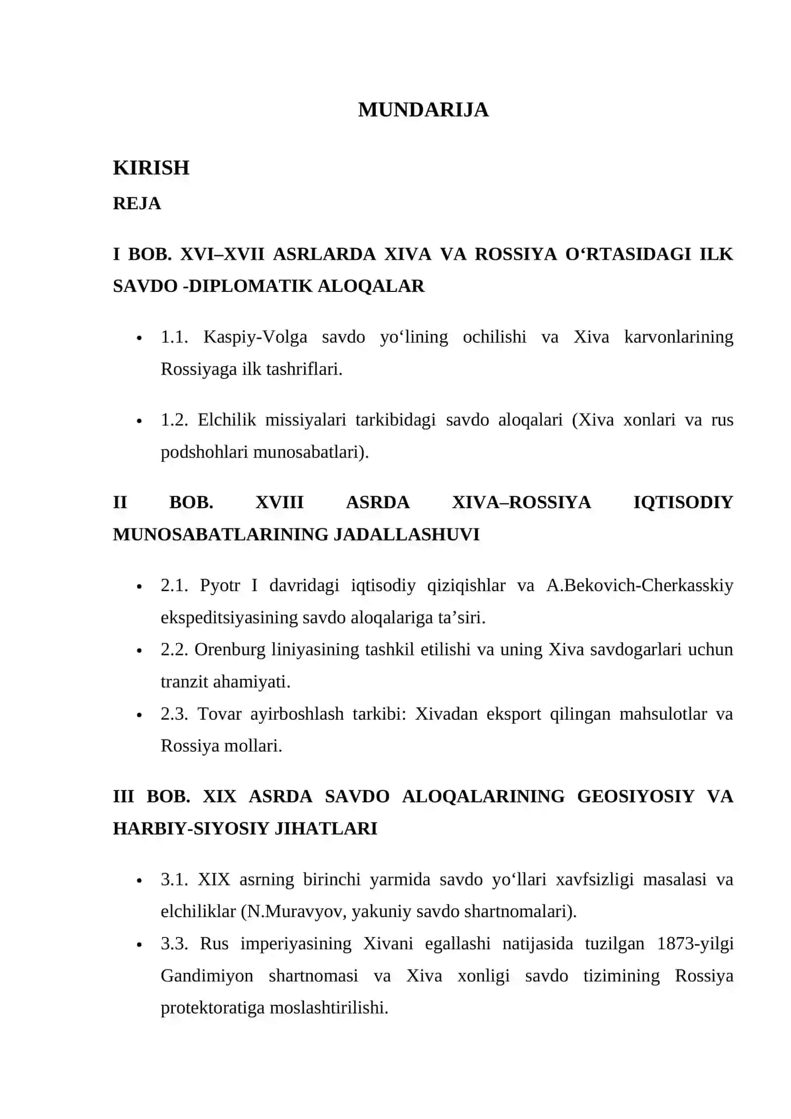 XVI-XIX asrlard Xiva-Rossiyaning savdo aloqalari. Kurs ishi 2