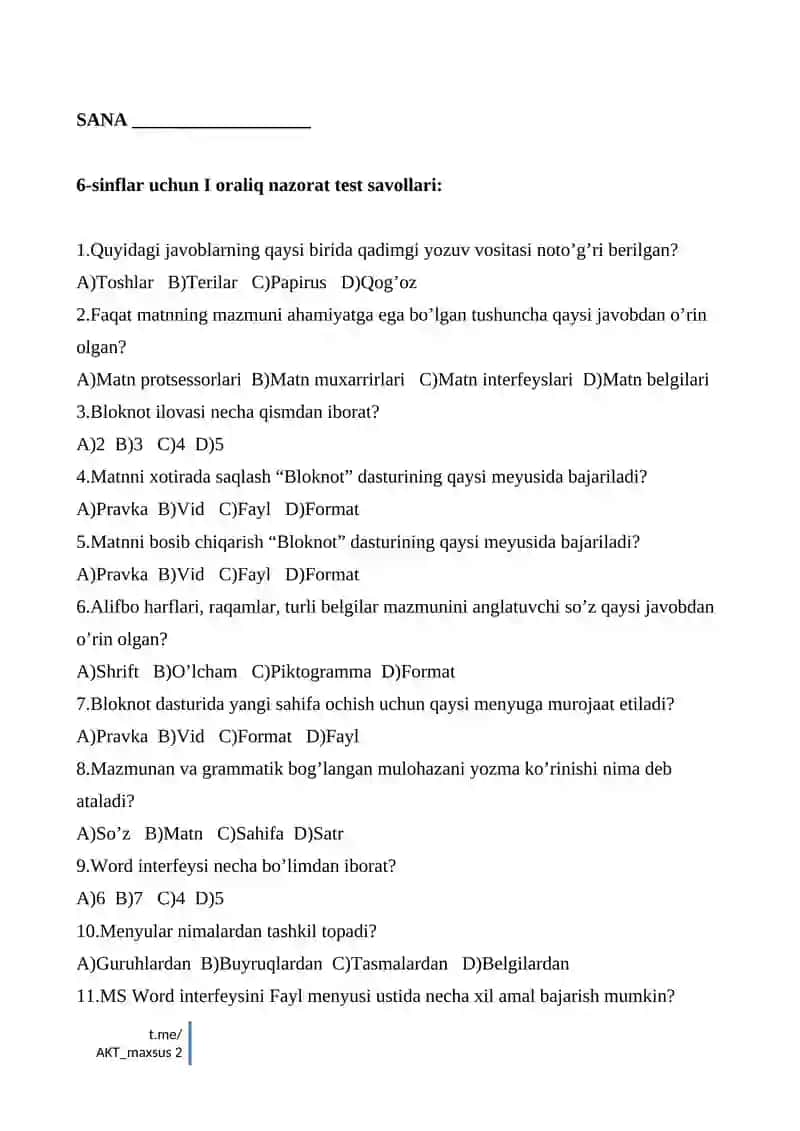 INFORMATIKA FANDAN NAZORAT ISHLARI DAFTARI 2