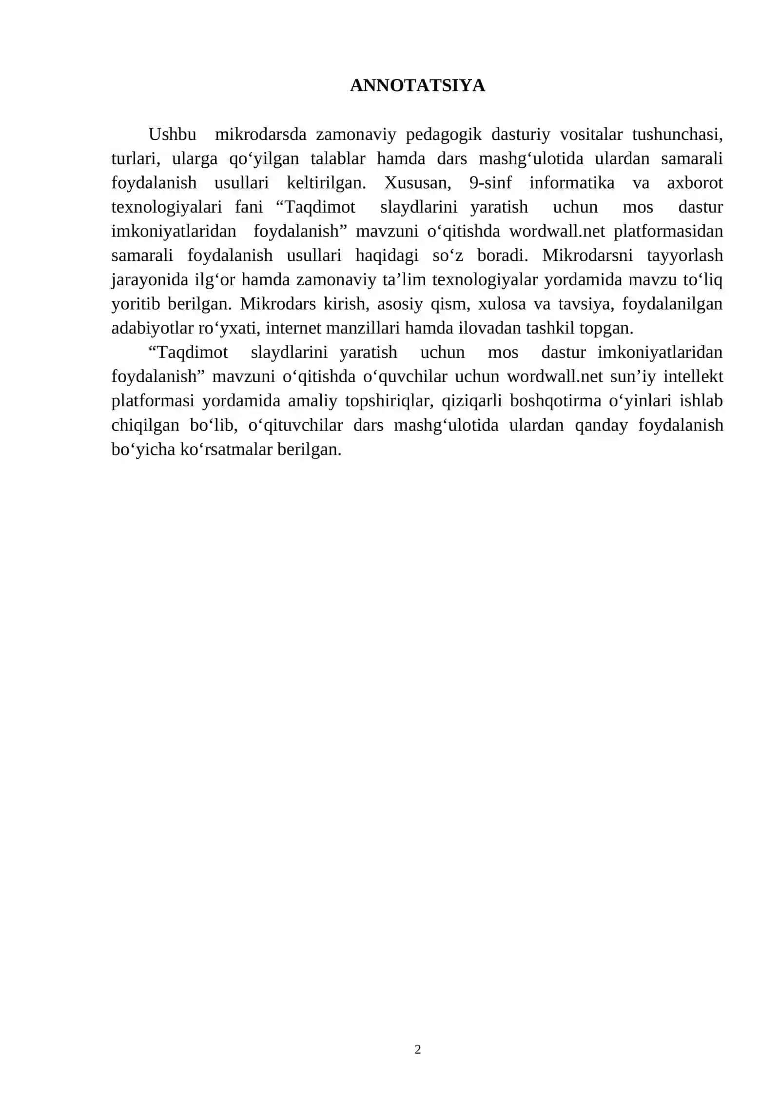Taqdimot slaydlarini yaratish uchun mos dastur imkoniyatlaridan foydalanish 2