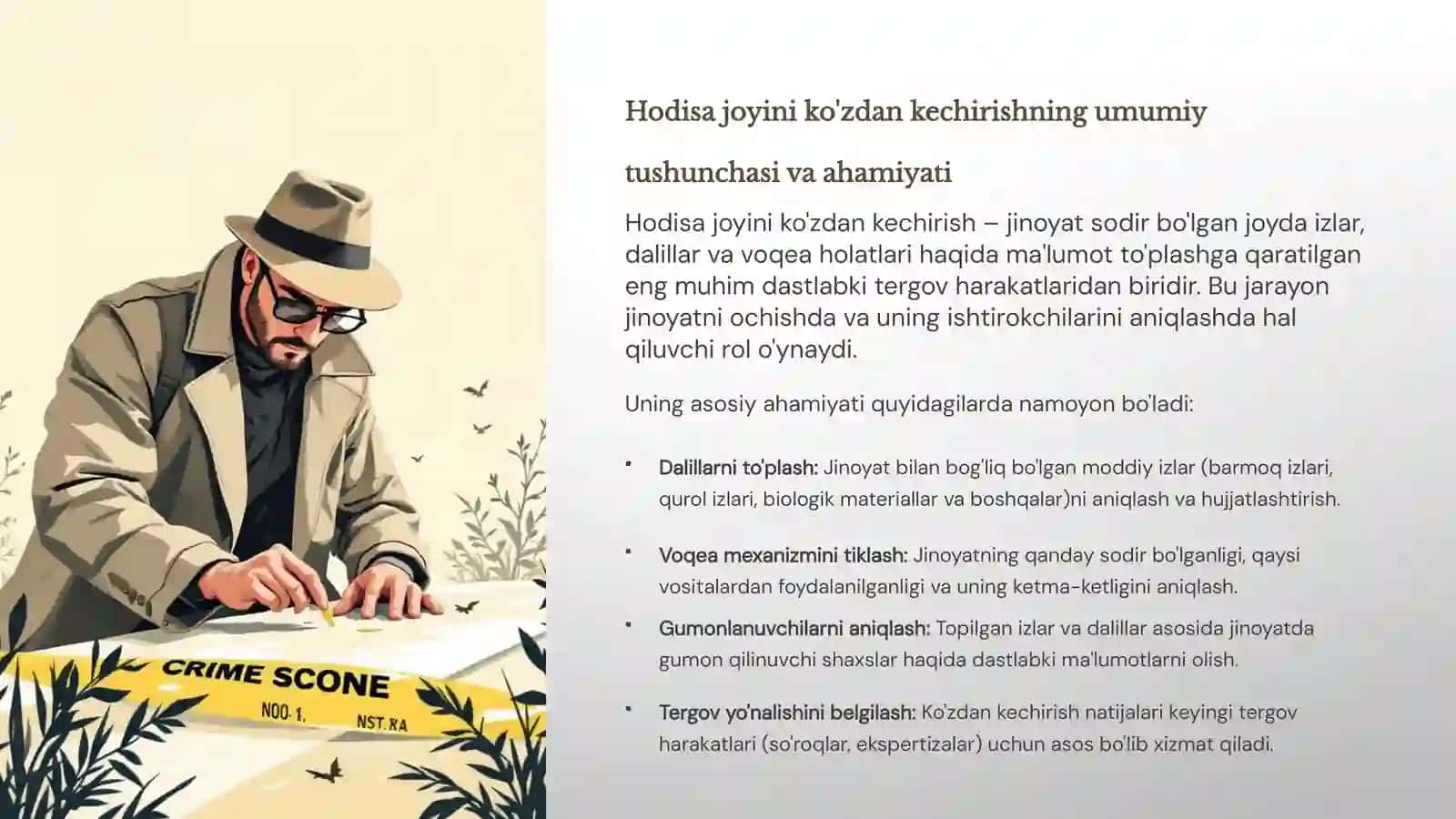 Hodisa sodir bo'lgan joyni ko'zdan kechirish mohiyati, turlari, tushunchasi va taktikasi 2
