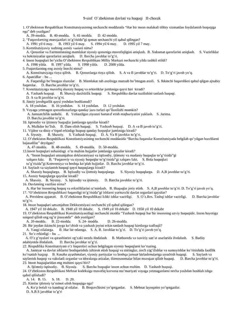 9 sinf uchun Huquq fanidan testlar 2