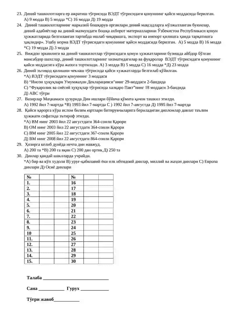 ДИНШУНОСЛИК ФАНИДАН ТЕСТ САВОЛЛАРИ 2