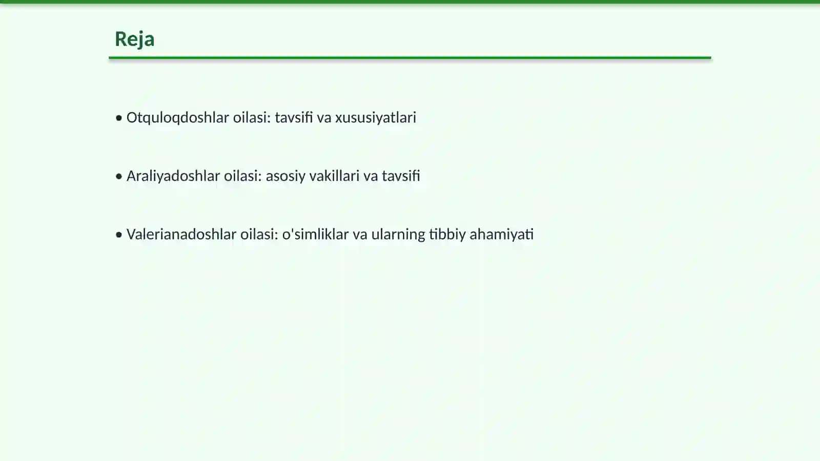 Otquloqdoshlar, araliyadoshlar va valerianadoshlar oilasi tavsifi, asosiy vakillari va tibbiyotdagi ahamiyati. Farmasevtik botanika fani 2