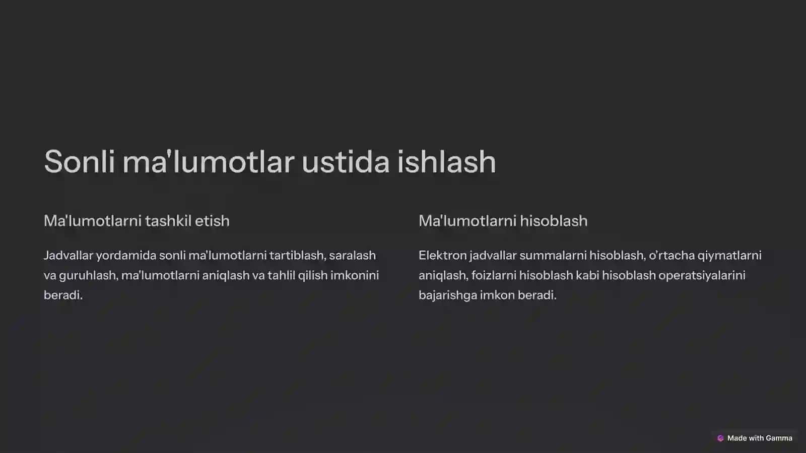 Elektron jadvallar bilan ishlash 2