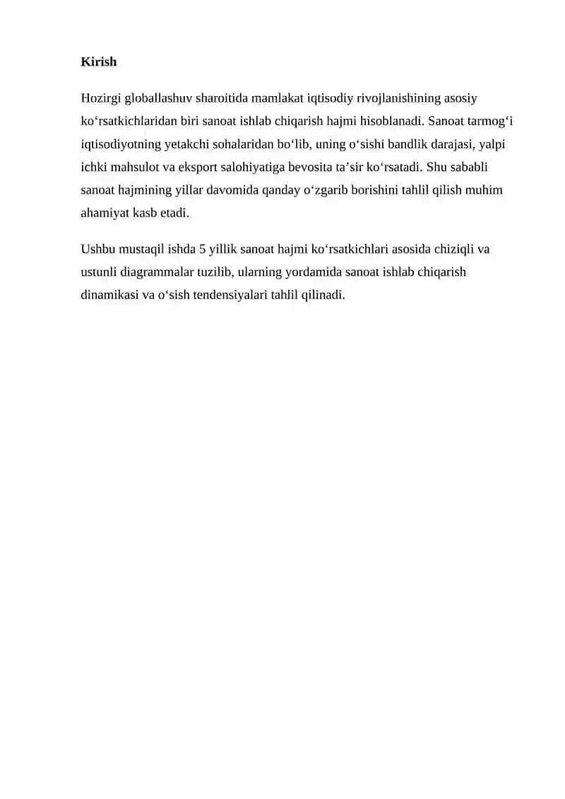 5 YILLIK IQTISODIY KO‘RSATKICHLAR (SANOAT HAJMI) BO‘YICHA CHIZIQLI VA USTUNLI DIAGRAMMALARNI TAHLIL QILISH 2