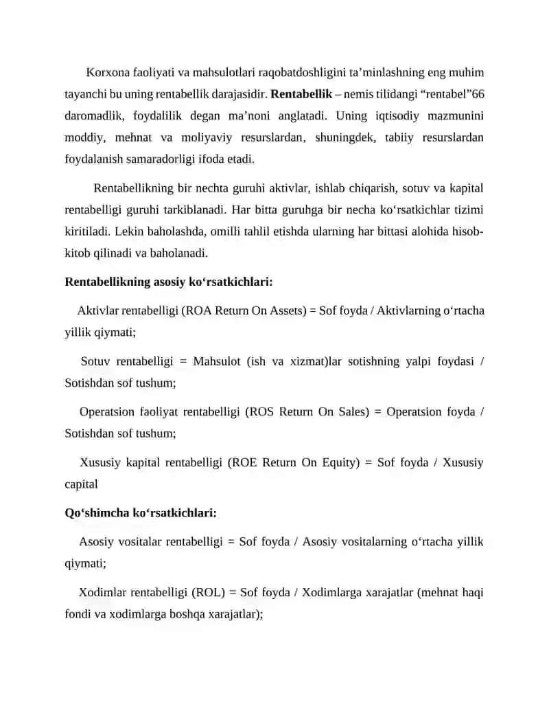 Rentabellik ko‘rsatkichlari va ularga ta’sir etuvchi omillar tahlili 2
