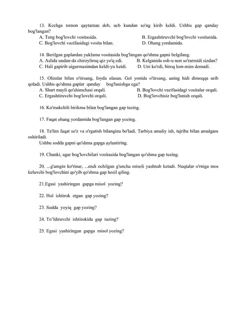 Ona tili fanidan 9 – sinf uchun test 2