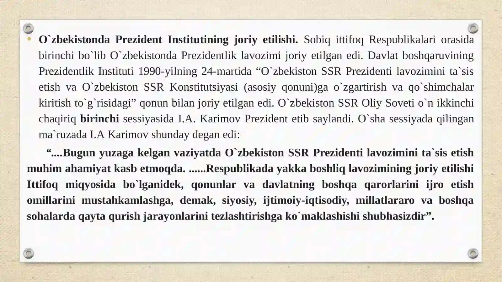 O`zbekistonda demokratik fuqarolik jamiyati asoslarining shakllantirilishi, amalga oshirilgan siyosiy o`zgarishlar 2