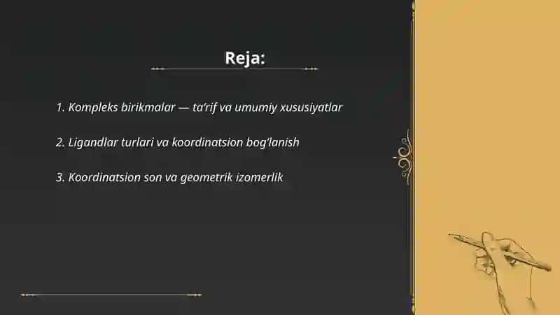 Kompleks birikmalar. Ichki kompleks birikmalar. Biokompleks birikmalar. Kompleksonometriya 2
