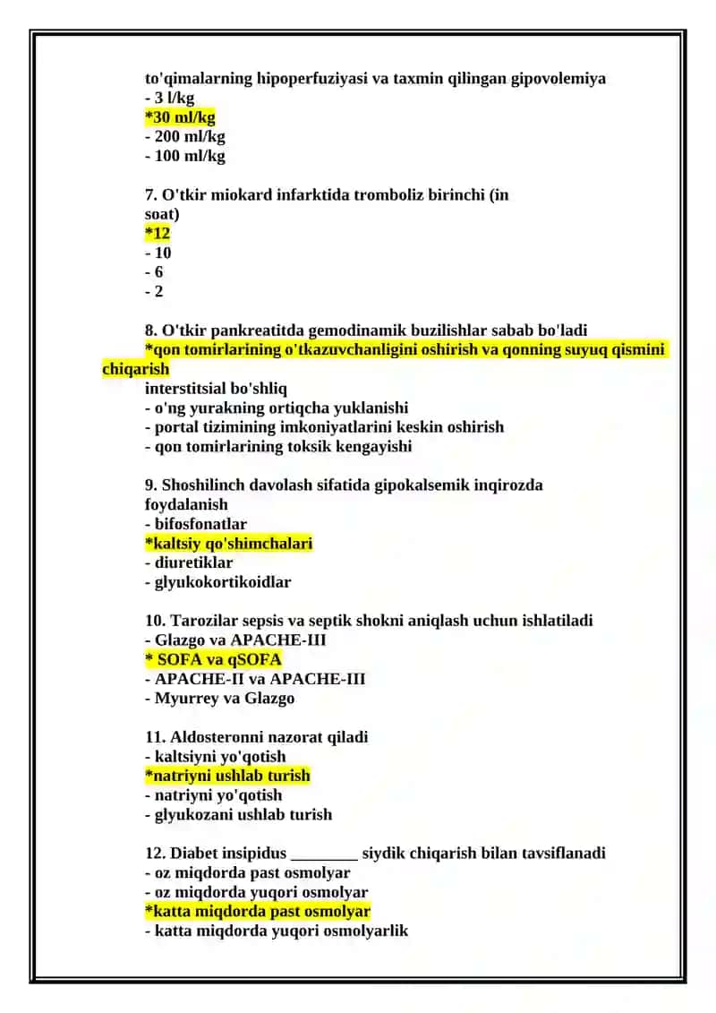 Anesteziologiya va reanimatologiya mutaxassisligi argos testlari to'liq 2