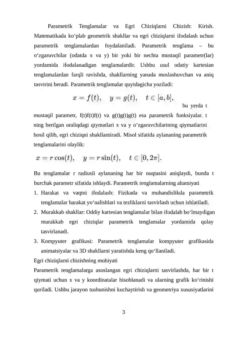PARAMETRIK TENGLAMALAR BILAN BERILGAN EGRI CHIZIQLARNI CHIZISH 2