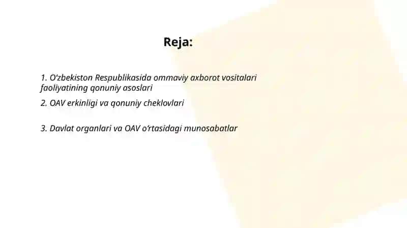 O‘zbekiston Respublikasida ommaviy axborot vositalari faoliyatining qonuniy asoslari 2