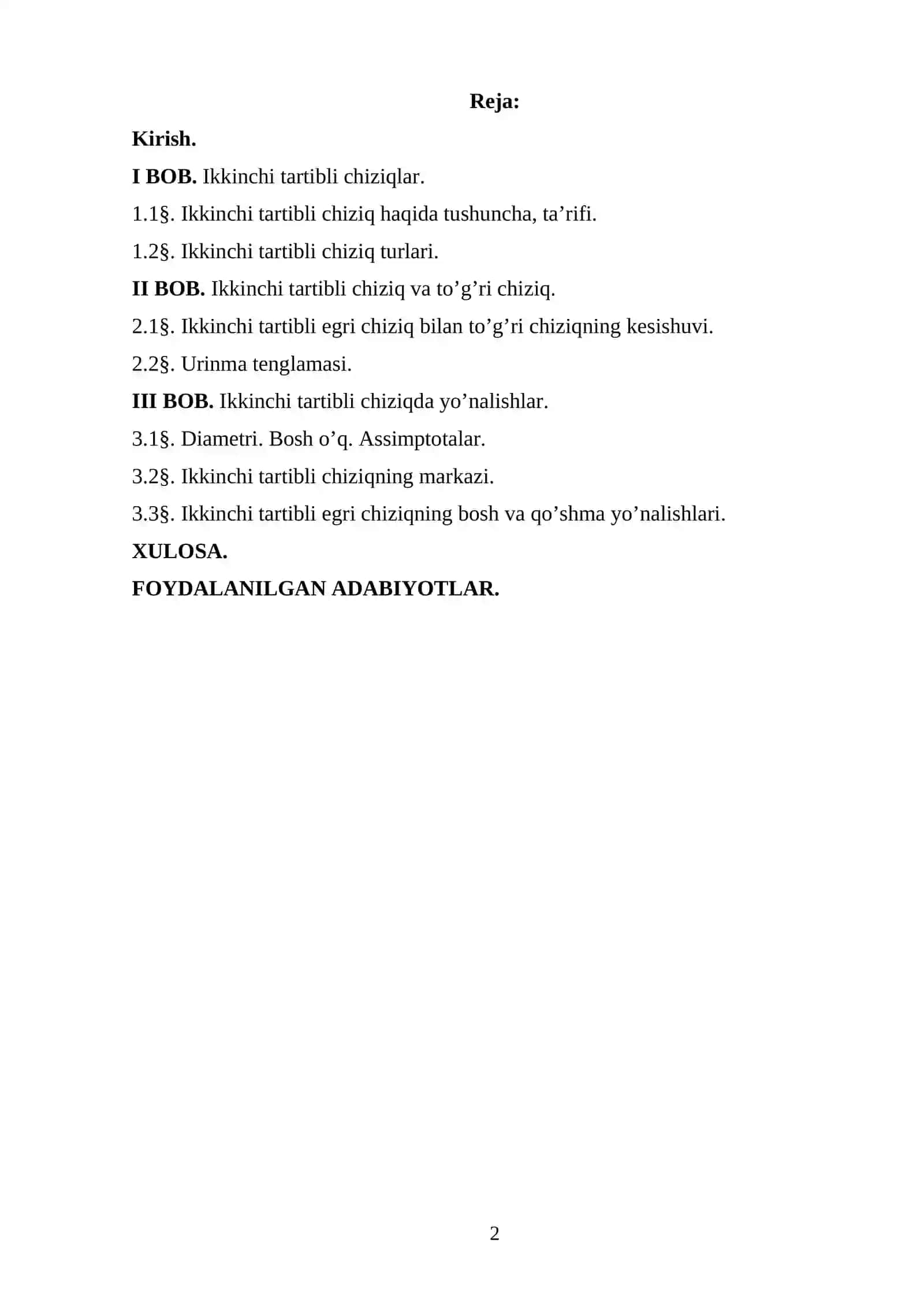 Analytic geometriya fanidan "Ikkinchi tartibli chiziqning to’g’ri chiziq bilan kesishishi, asimptotik yo’nalishlar, markazi va bosh yo’nalishlari" mavzusidagi KURS ISHI 2