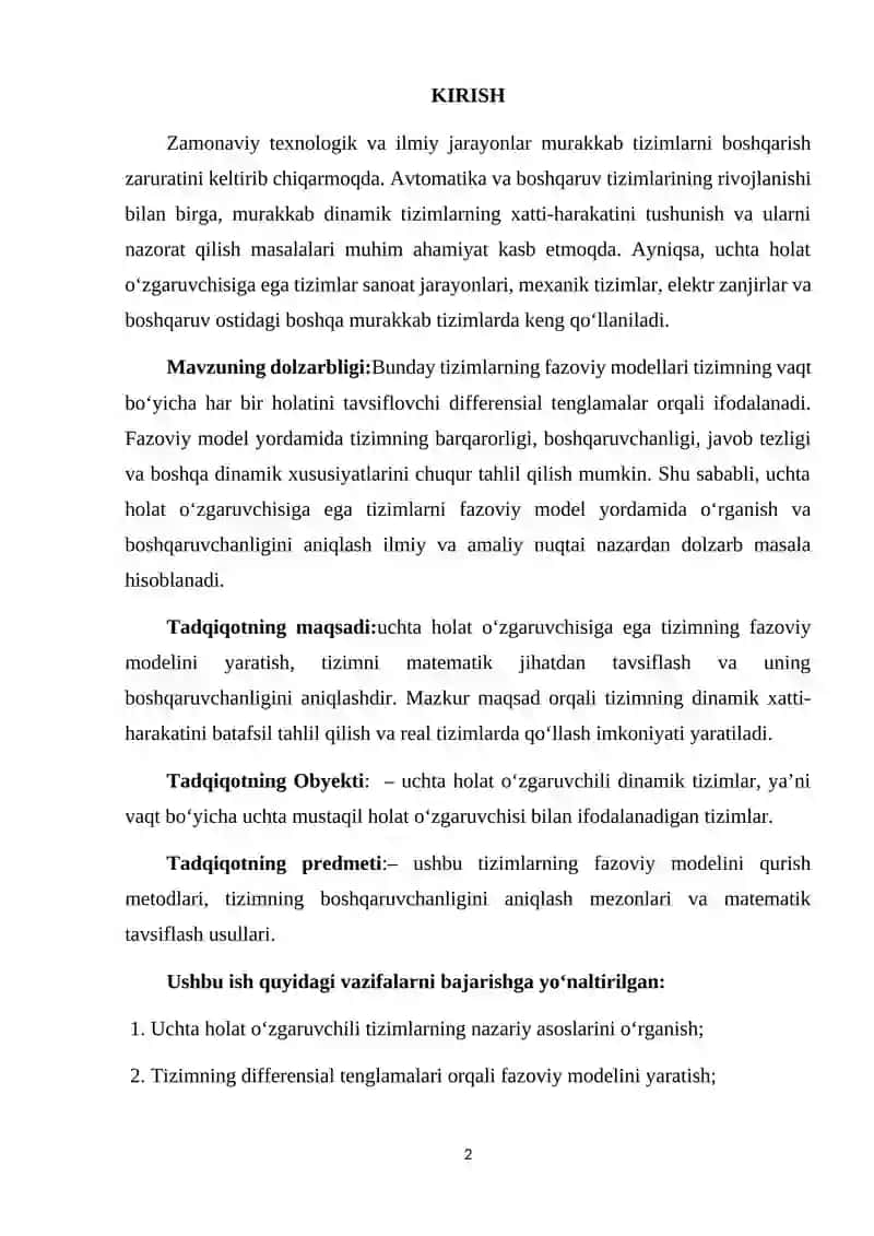Uchta holat o'zgaruvchisiga ega tizimning fazoviy modelini qurish, boshqaruvchanlikni aniqlash 2