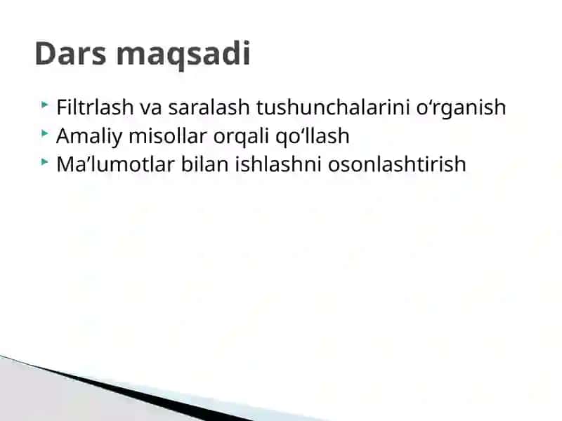 Elektron jadvallarda maʼlumotlarni filtrlash va saralash 2