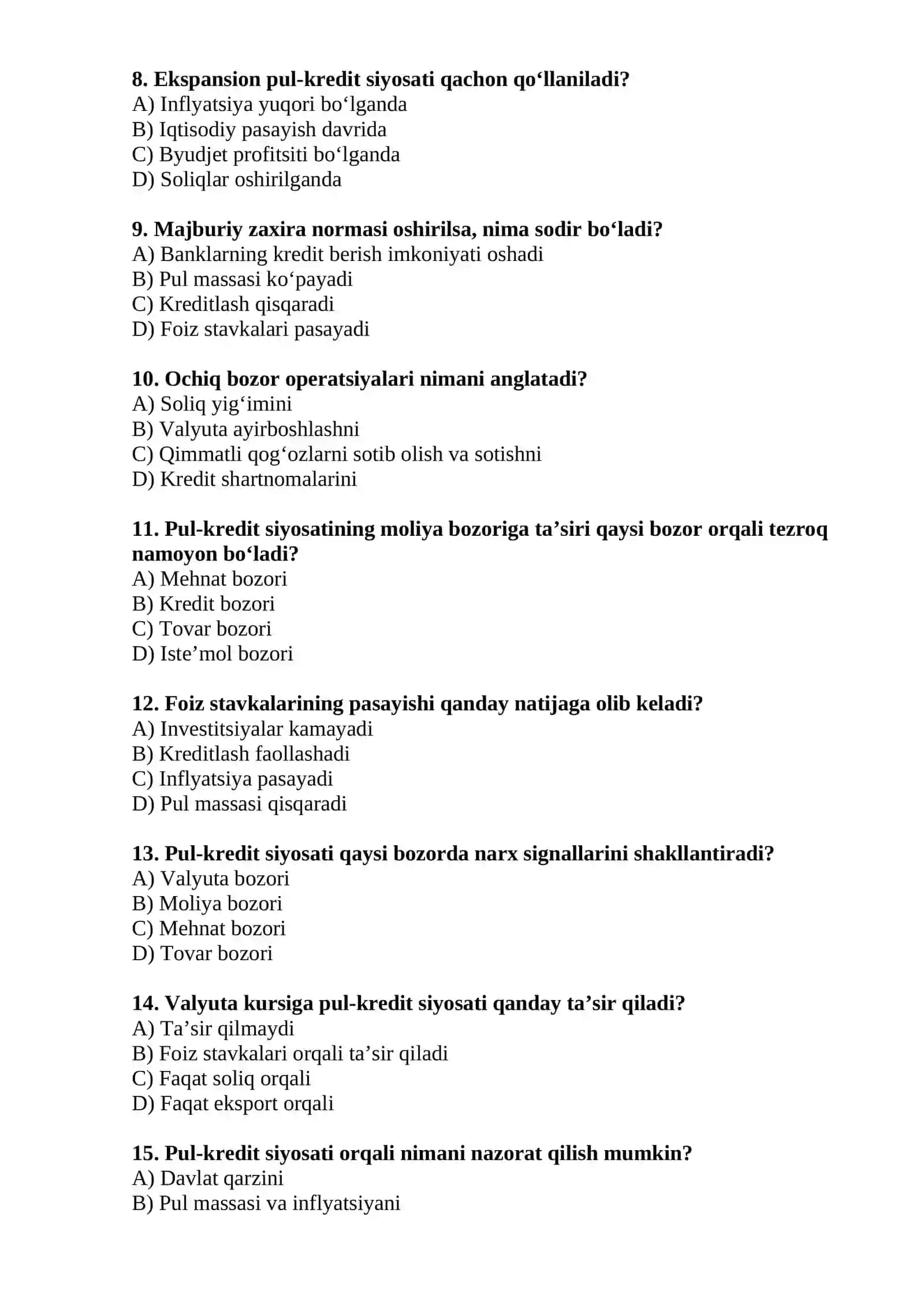 Yagona davlat pul-kredit siyosati va uni moliya bozoriga ta’siri test savollari 2