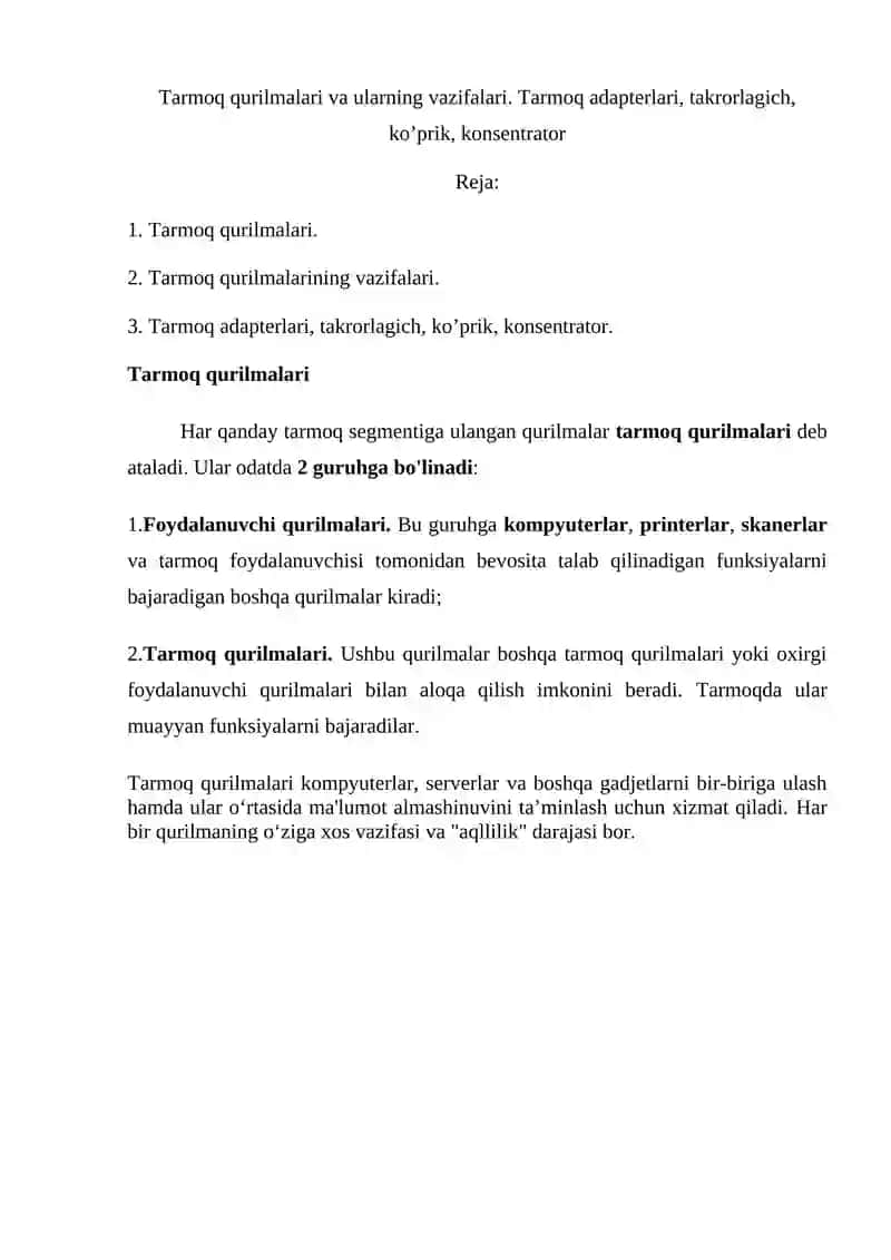 Tarmoq qurilmalari va ularning vazifalari 2