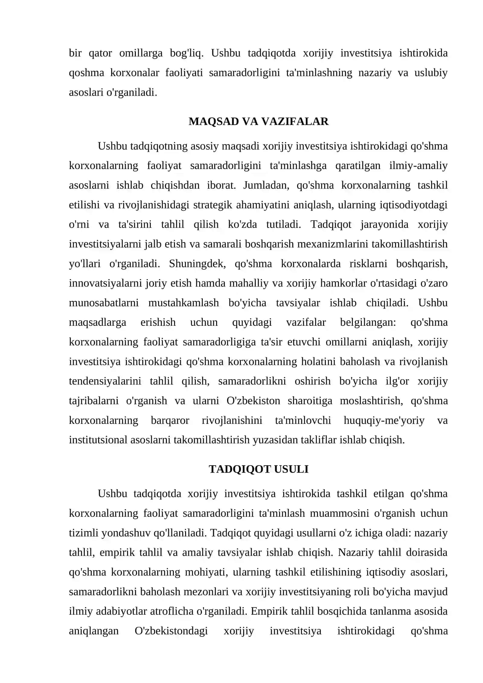 XORIJIY INVESTITSIYA ISHTIROKIDA QOSHMA KORXONALAR FAOLYATI SAMARADORLIGINI TA'MINLASH 2
