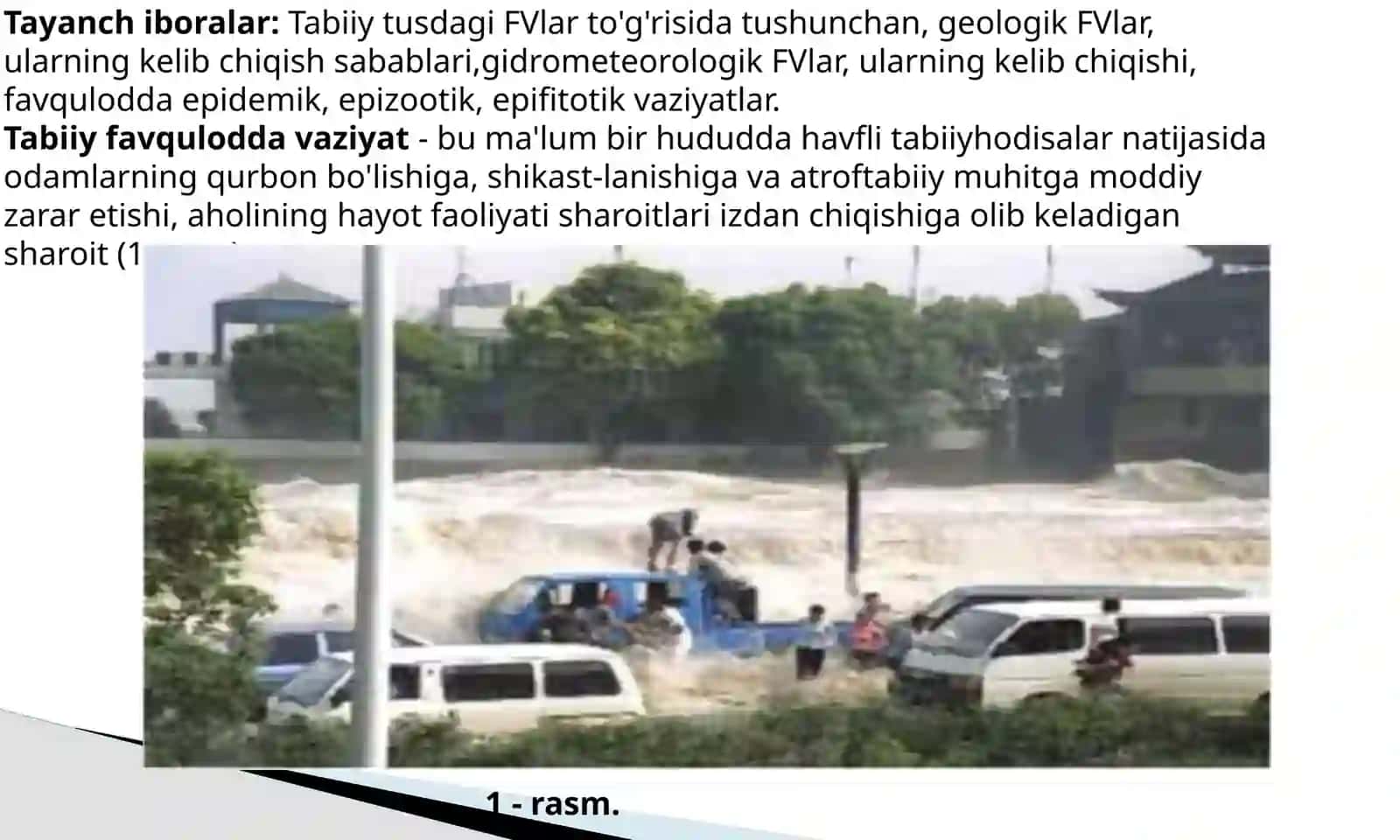 TABIIY TUSDAGI FAVQULODDA VAZIYATLAR, ULARNING TASNIFI VA TAVSIFI.AHOLI VA XUDUDNI TABIIYFAVQULODDA VAZIYATLARDAN MUHOFAZA QILISH 2