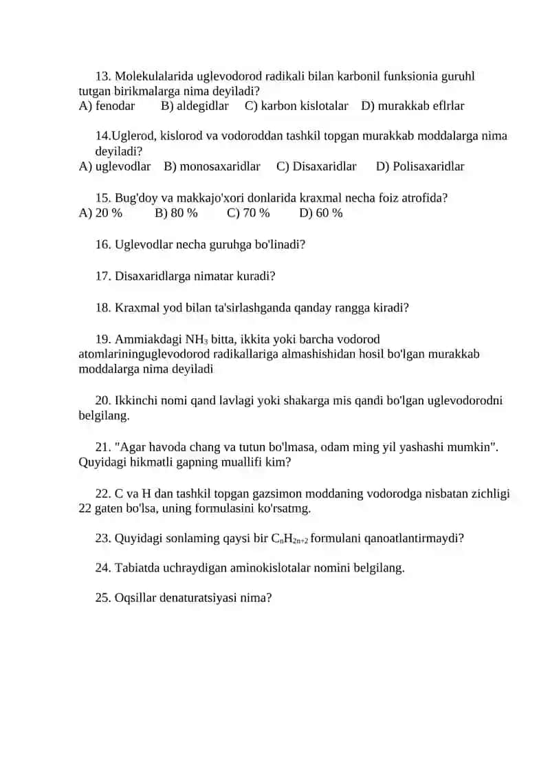 9-sinflar uchun kimyo fanidan IV chorak testi 2