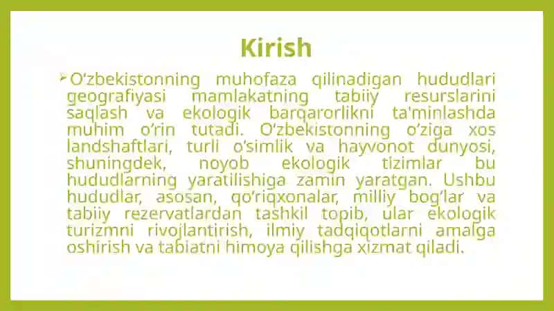 O'zbekistondagi alohida muhofaza qilinadigan hududlar bilan tanishish 2