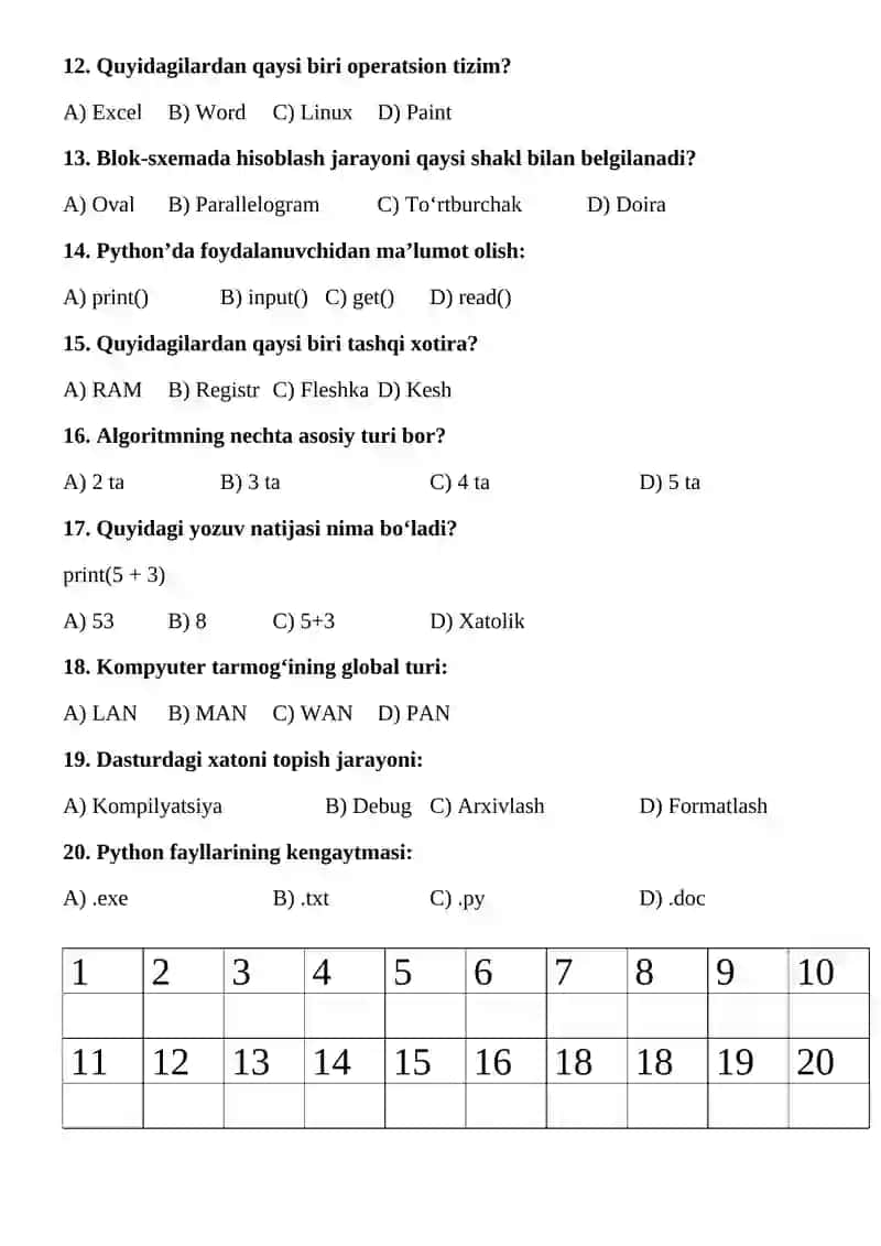 9-sinf 3-chorak testi 2